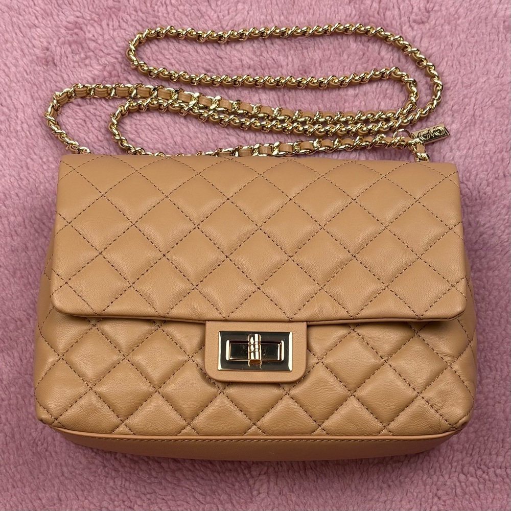 G by Giuliana Quilted Lamb Leather Crossbody Bag in Tan with Gold Chain